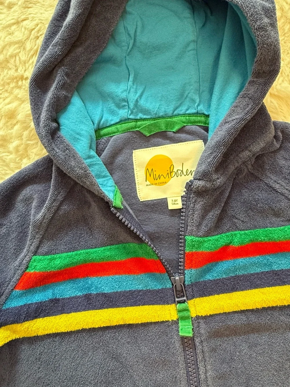 Mini Boden Navy Hooded Zip-Up Jacket with Color Stripes - Kids Sz 7/8